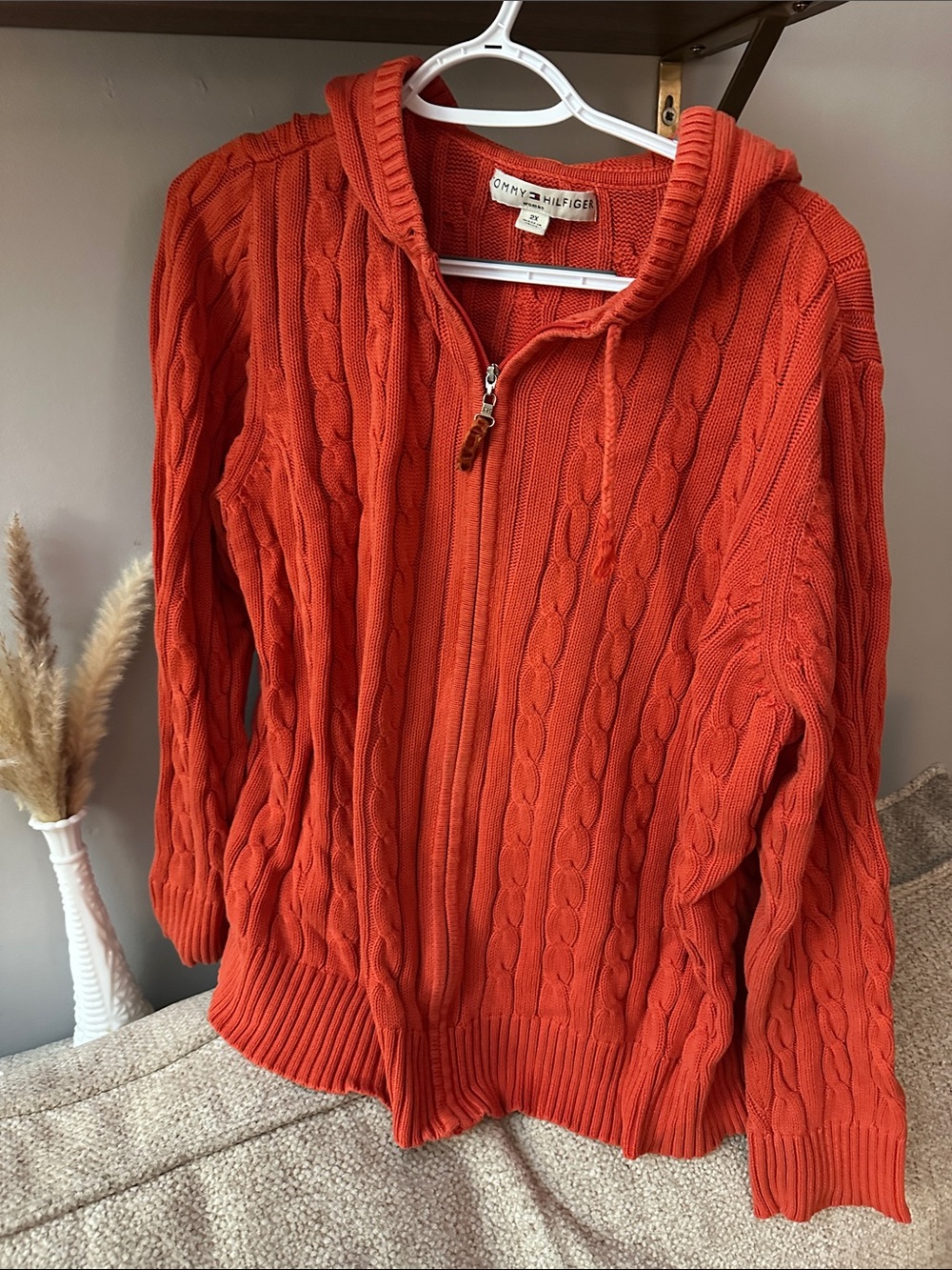 Vintage Tommy Hilfiger Orange Cable-Knit Zip Hoodie Cardigan